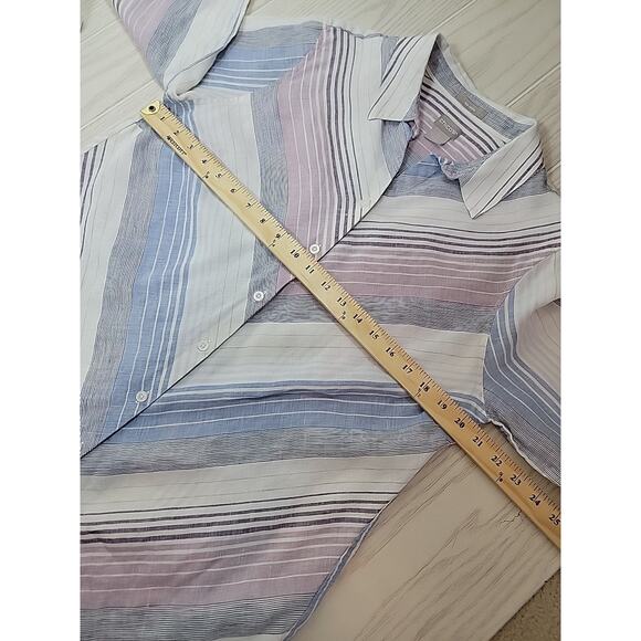 Chicos Linen Top Womens 2 White Pin Stripes Button Down No Iron Coastal Nautical - Picture 10 of 12